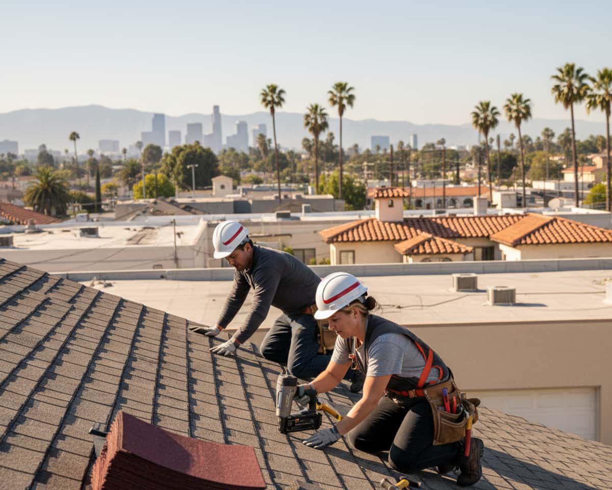 Roofing crew installing new shingles on a residential home in Los Angeles
