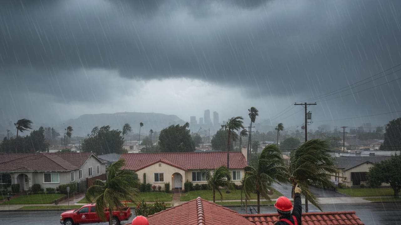 A storm over a residential area with dark clouds and heavy rain