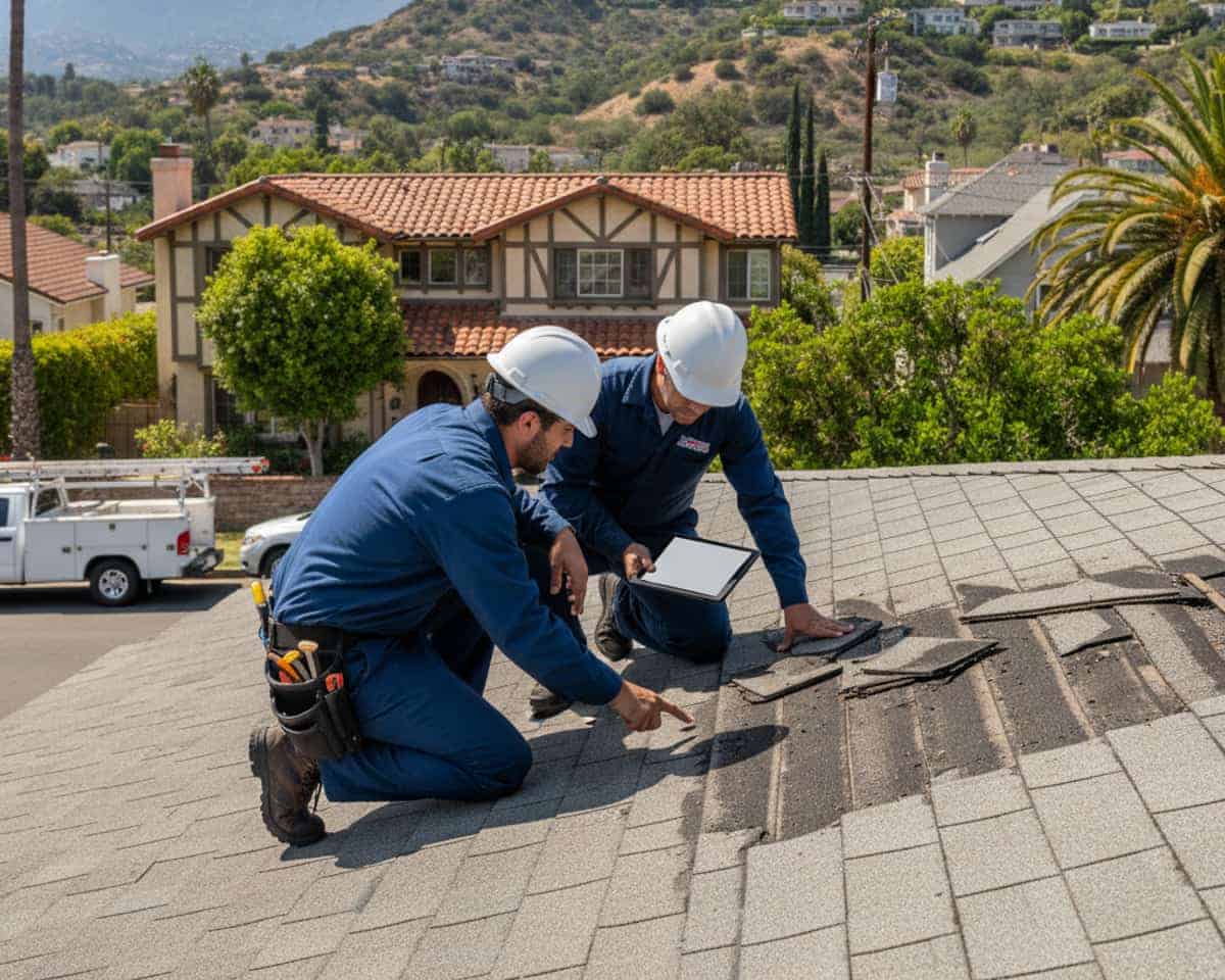 Roofing contractor inspecting a damaged roof in Altadena