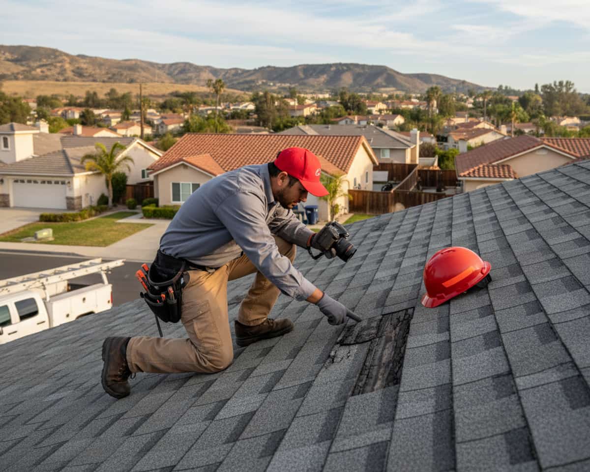 Roofing technician inspecting a damaged roof in Glendale with residential houses in the background