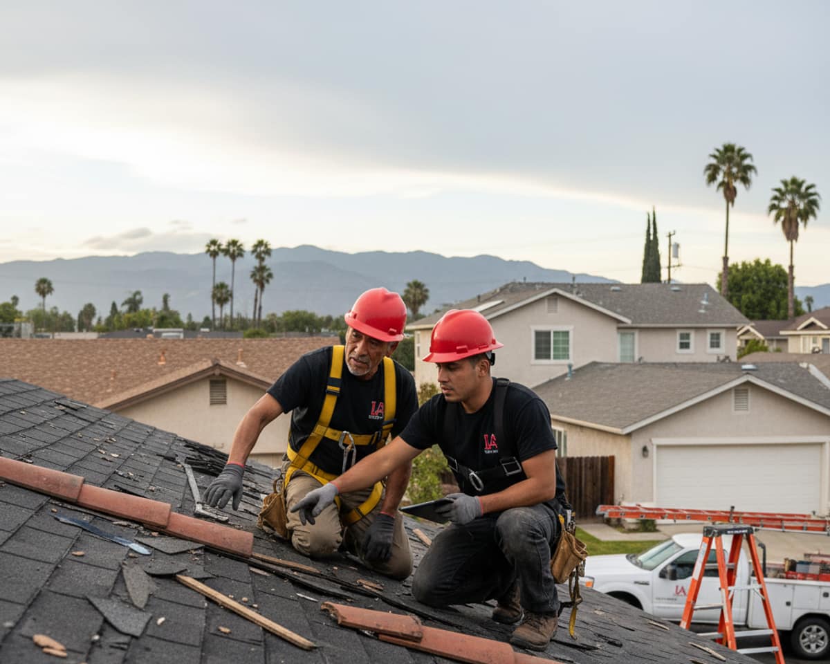 Roofer inspecting a damaged roof in Montebello after a storm