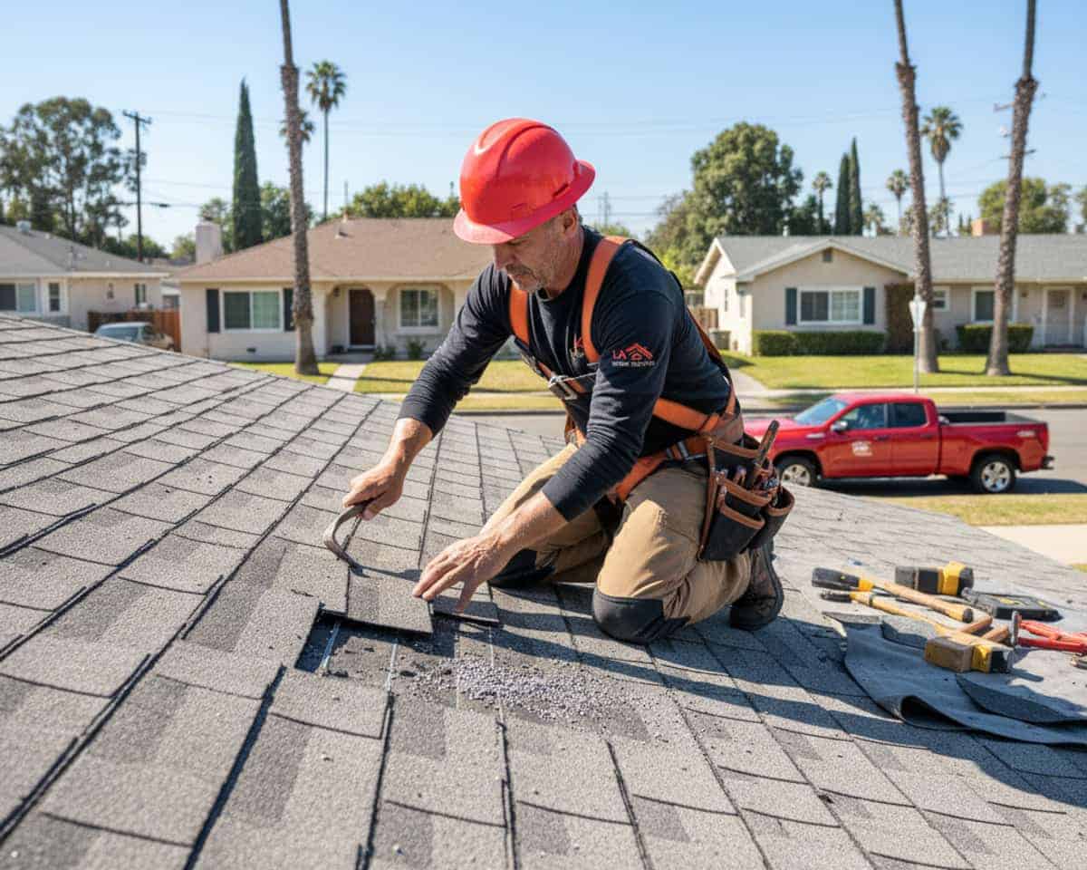 Professional roofer repairing a shingle roof in North Hollywood