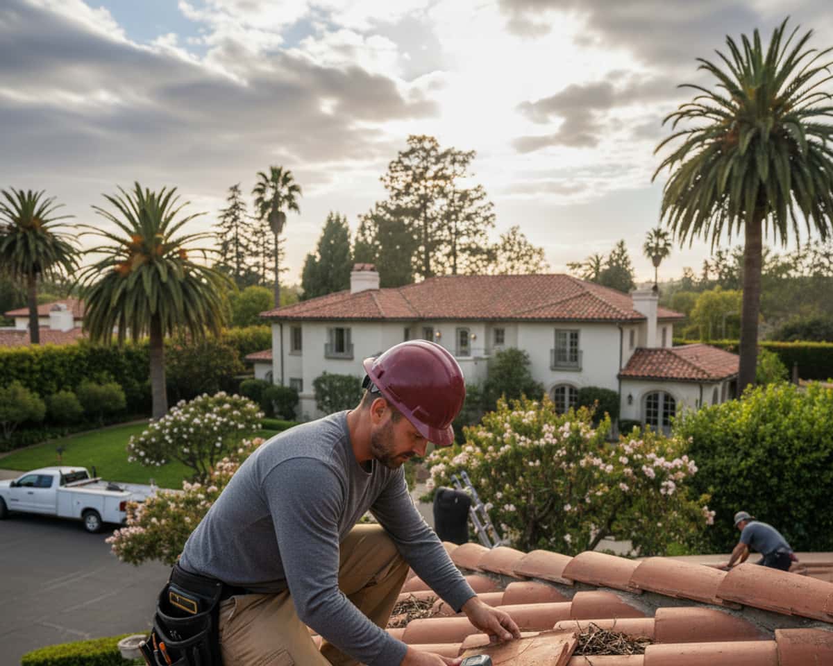 A professional roofer inspecting roof damage on a San Marino home after a storm.