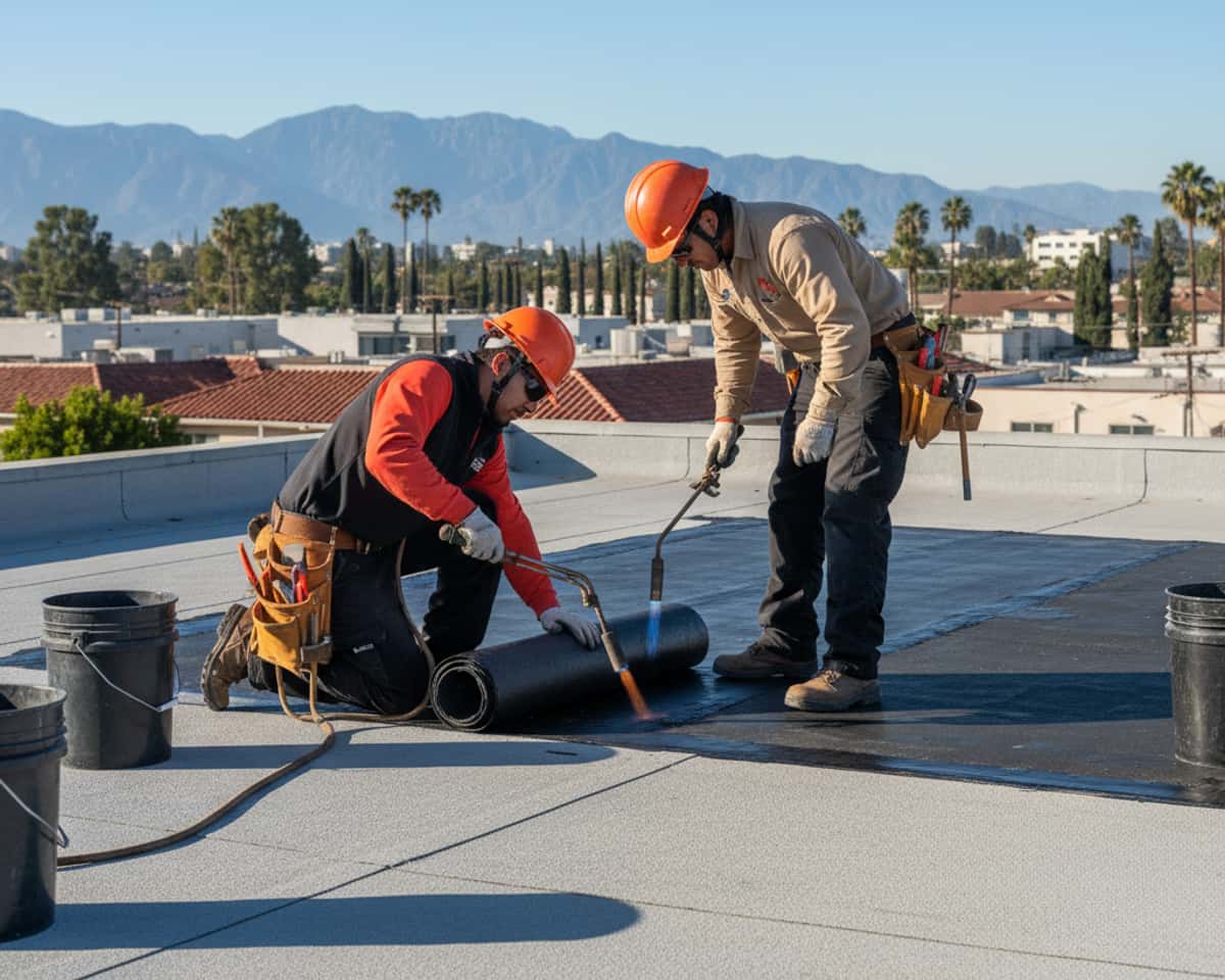 Roofers working on a flat roof repair in Alhambra, showing attention to detail