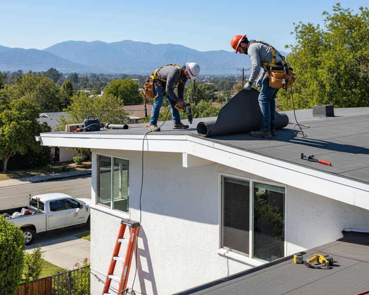 Roofer installing flat roofing membrane on a residential property in Altadena