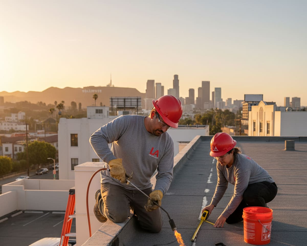 LA Roof Services team working on a flat roof in Hollywood