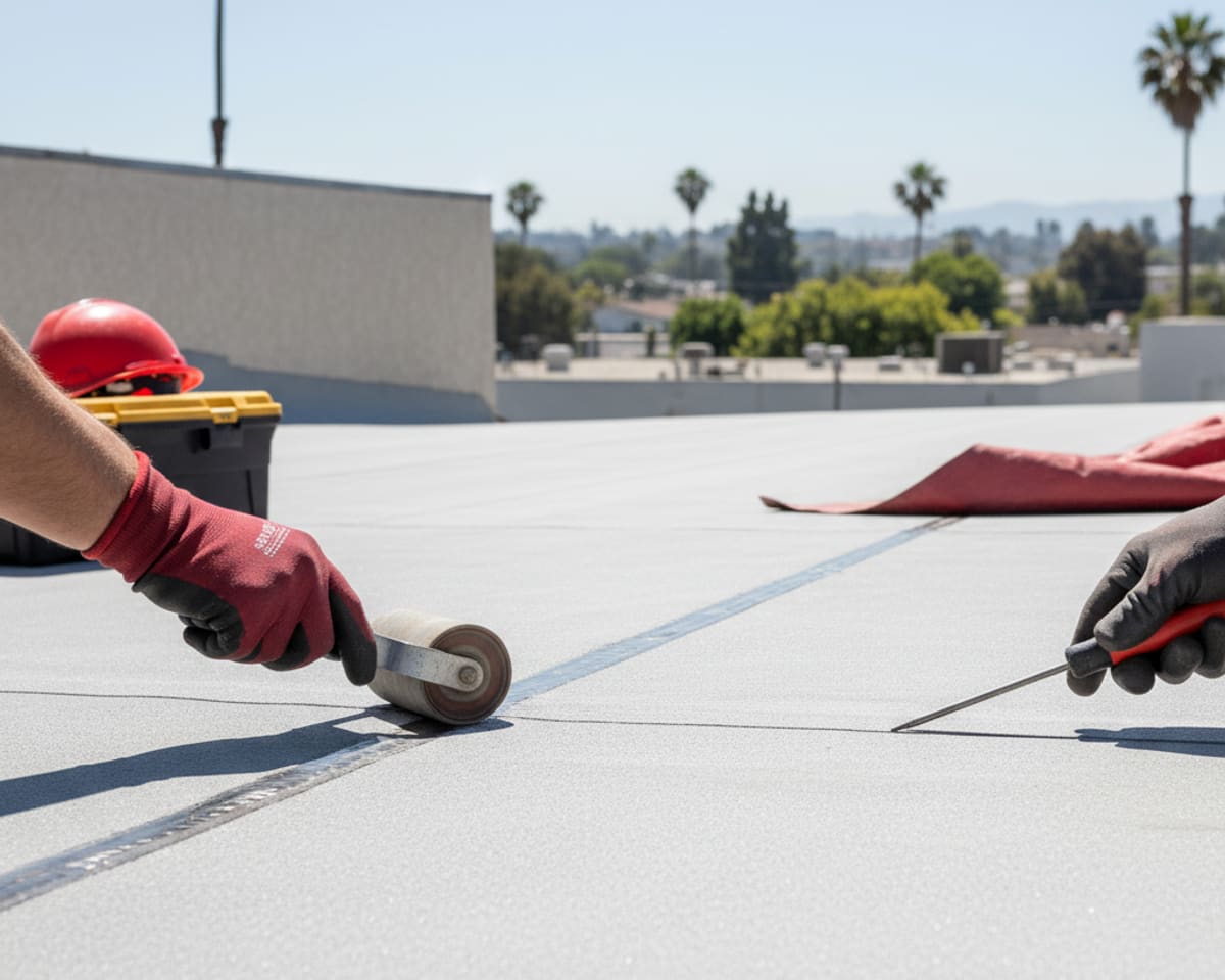 Close-up of a newly installed flat roof showing durable TPO material and clean seams