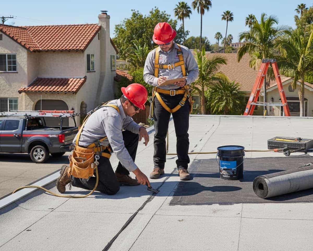 Roofing professionals inspecting a flat roof system on a residential property in Pasadena.