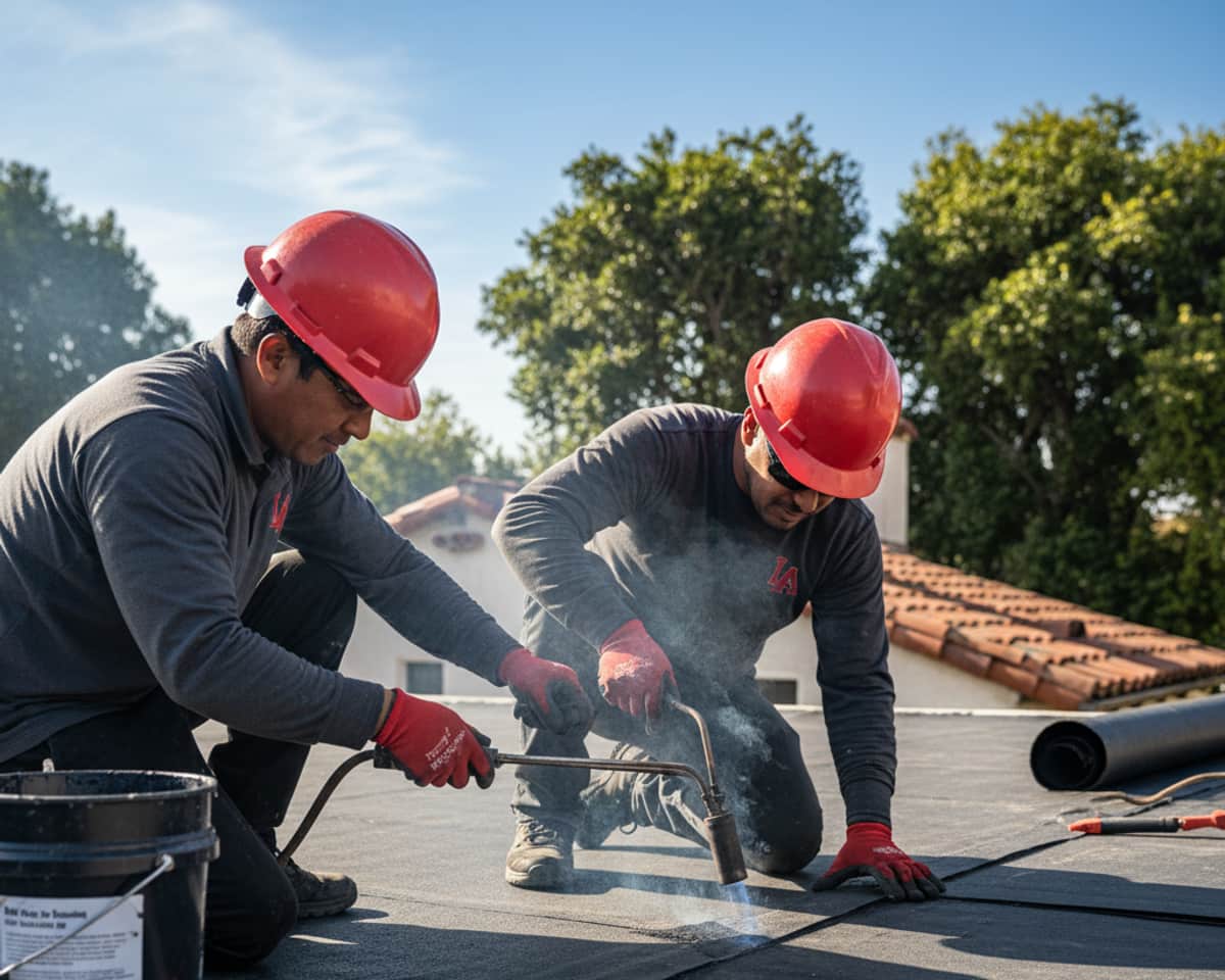 Skilled roofers performing flat roof repair in San Marino, CA