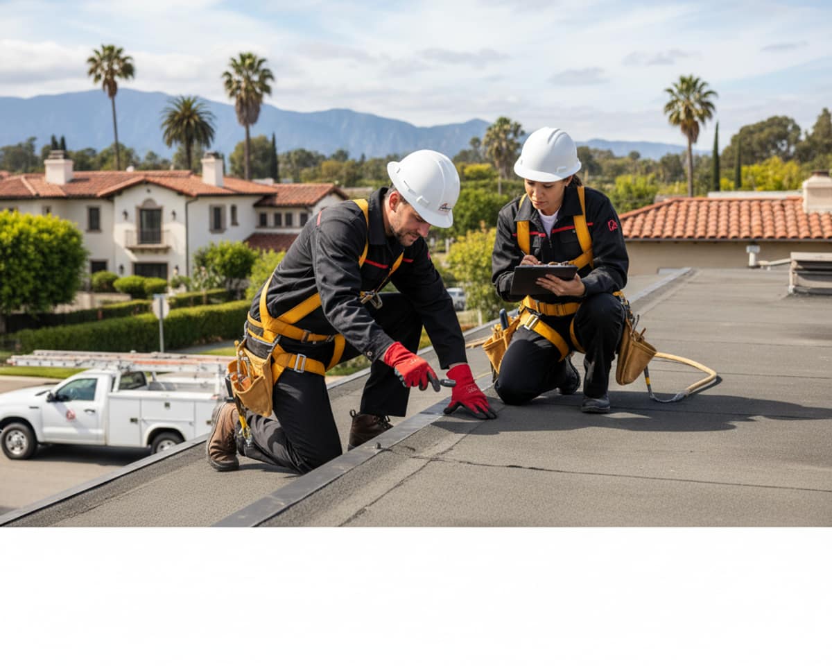 Roofer conducting a detailed inspection on a commercial building roof in San Marino