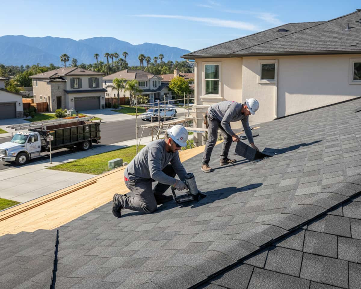 A newly installed, sleek dark shingle roof on a contemporary home in Arcadia.