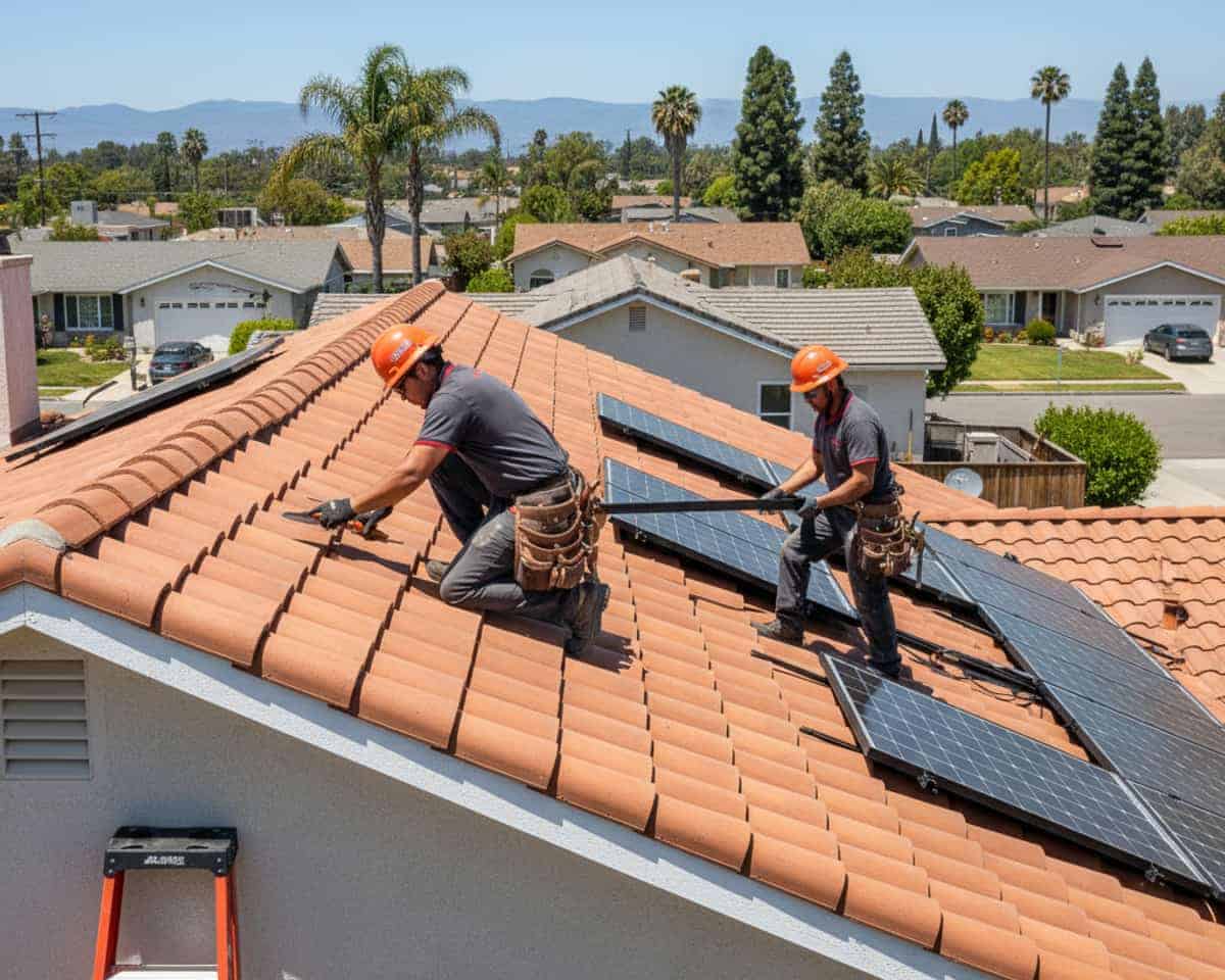 A newly installed residential roof in Burbank with solar panels