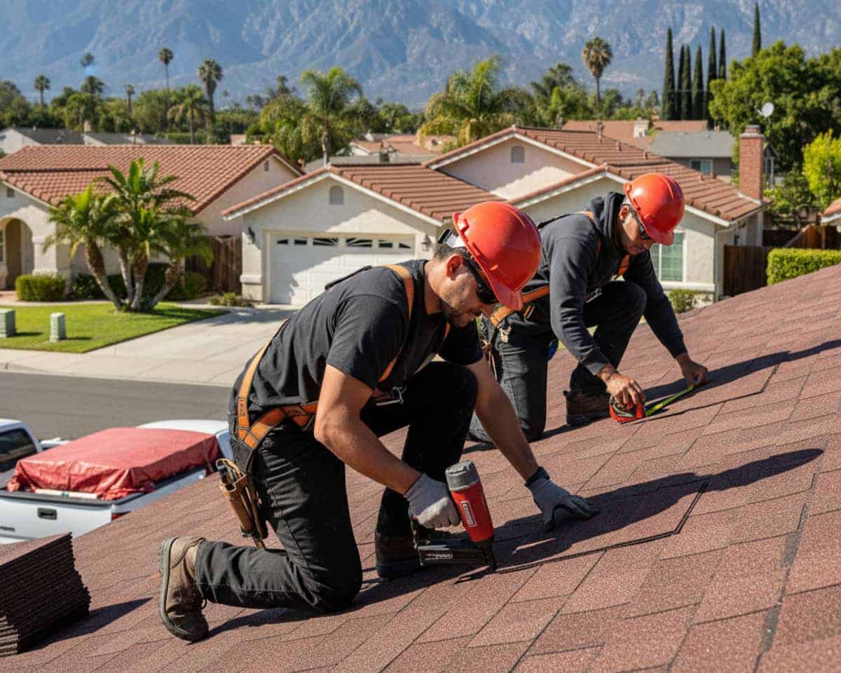 Roofers installing shingles on a Glendale home with mountains in the background