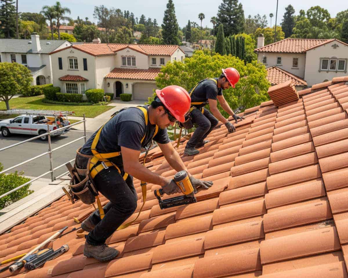 Skilled roofers installing a new roof on a residential property in Pasadena
