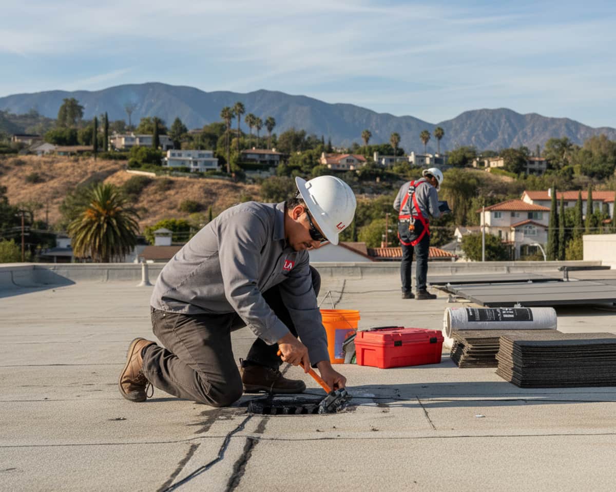Technician performing maintenance on a flat roof in Altadena