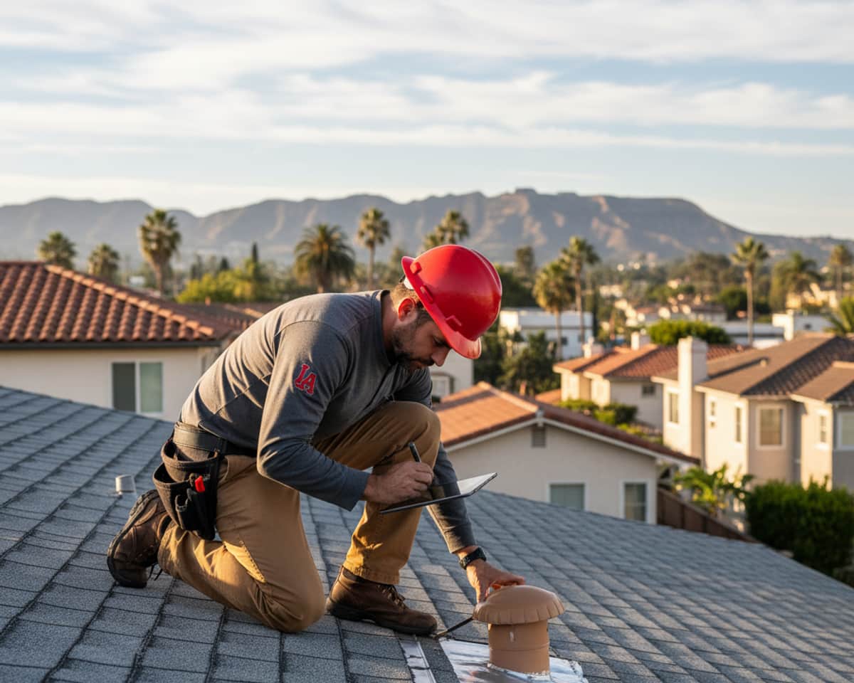 Roof technician inspecting a shingle roof in a Hollywood neighborhood