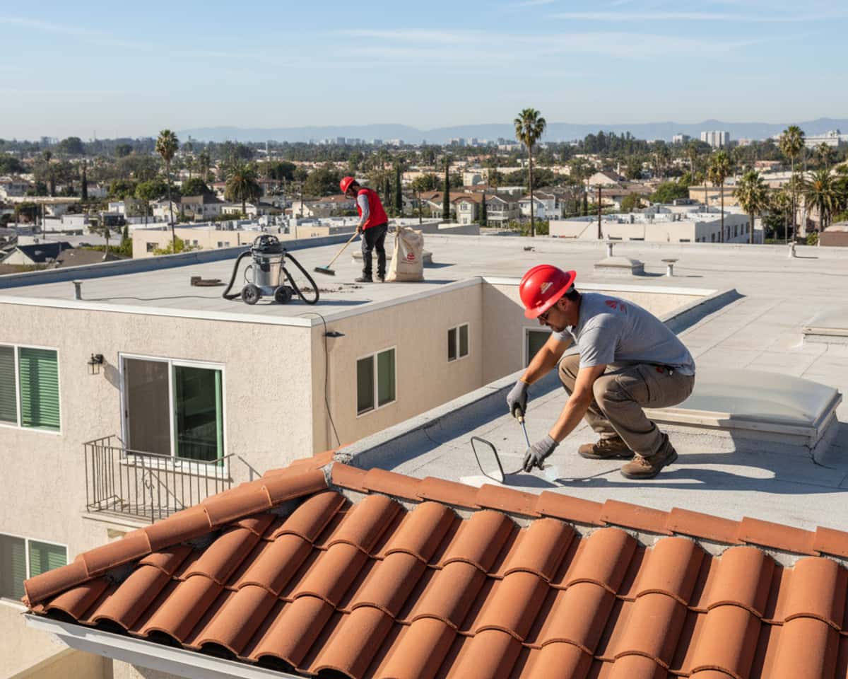 Skilled roofer performing maintenance on a residential roof in North Hollywood