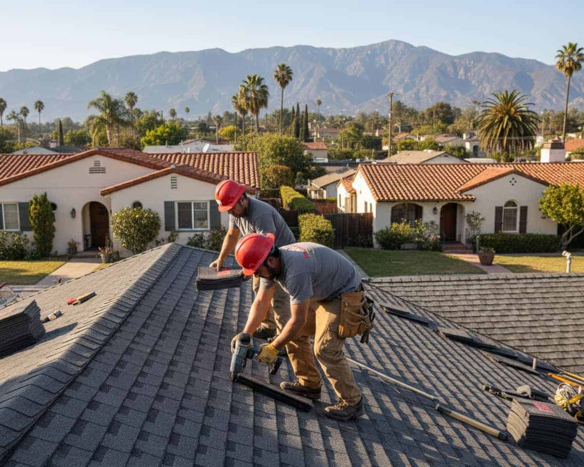 Roofing contractors installing a new roof on an Altadena house, ensuring precision