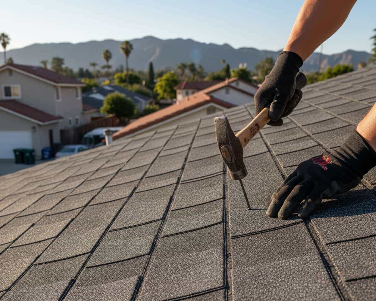 Close-up of newly installed asphalt shingles on a Burbank home, showing quality and texture