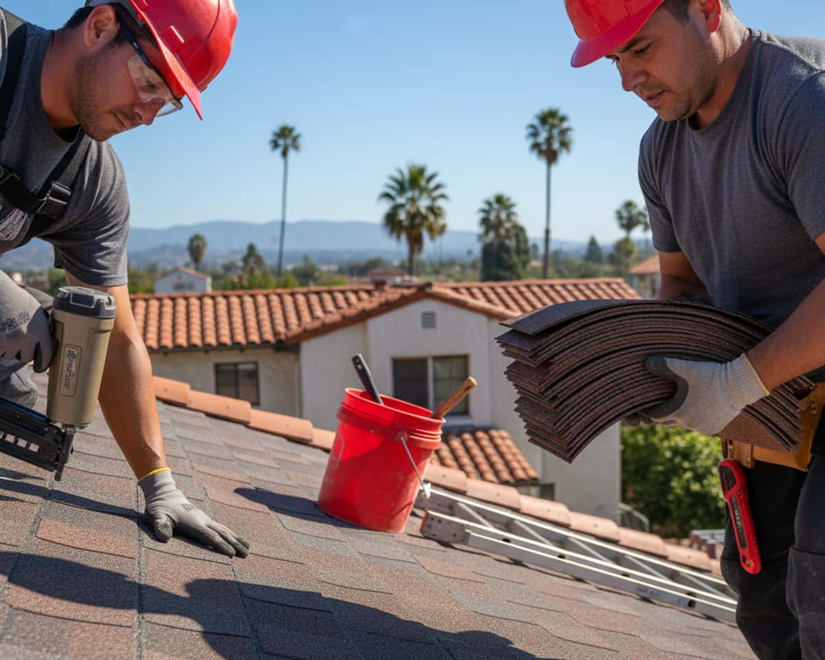 Close-up of new shingles being installed on a roof in Los Angeles