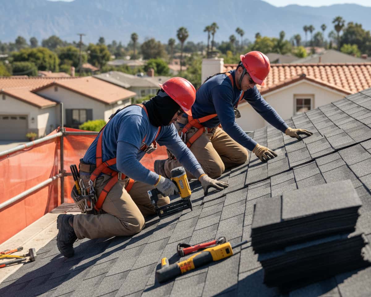 Skilled roofers installing new roof shingles on a residential property in North Hollywood