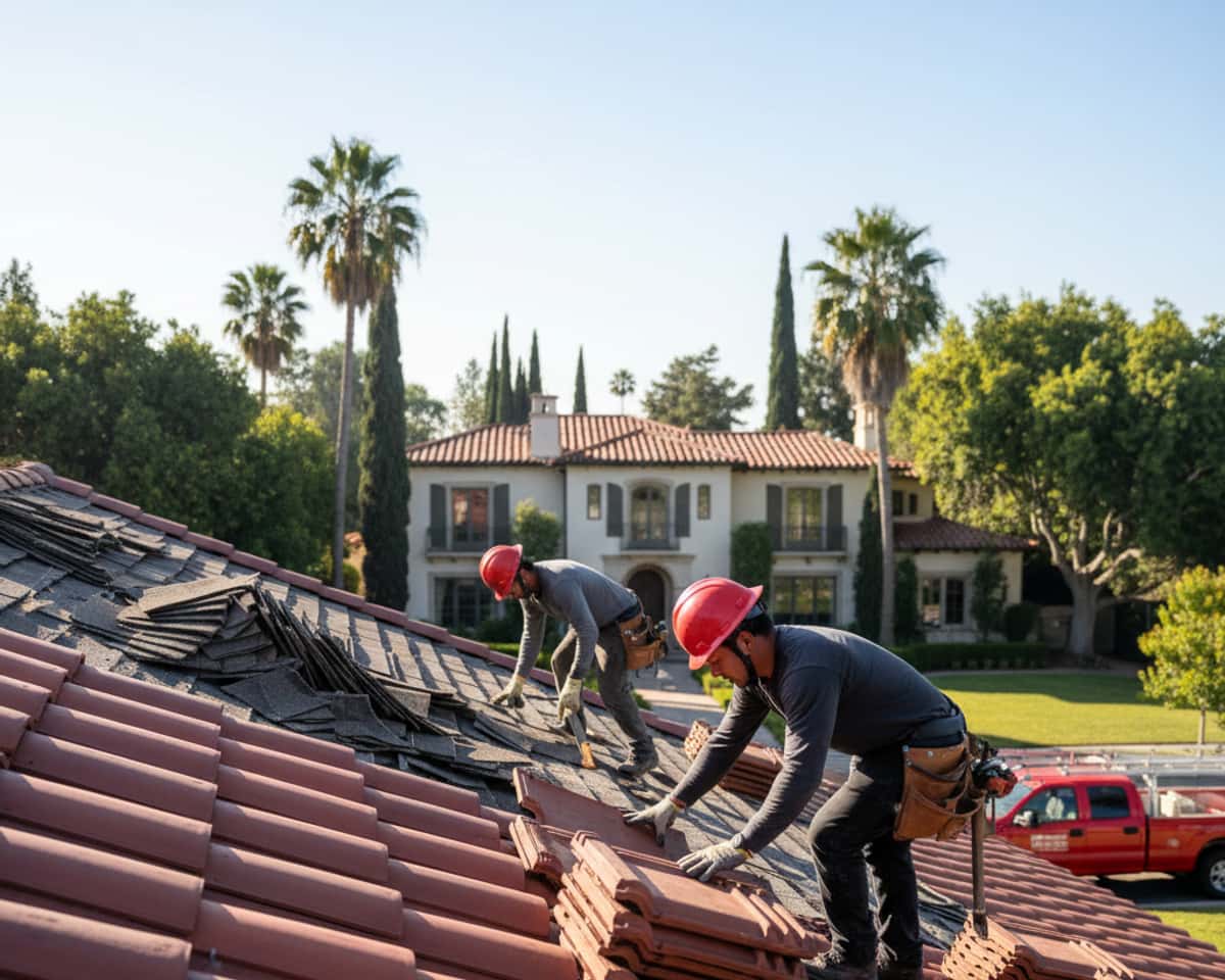 Professional roofing crew installing new shingles on a residential home in San Marino