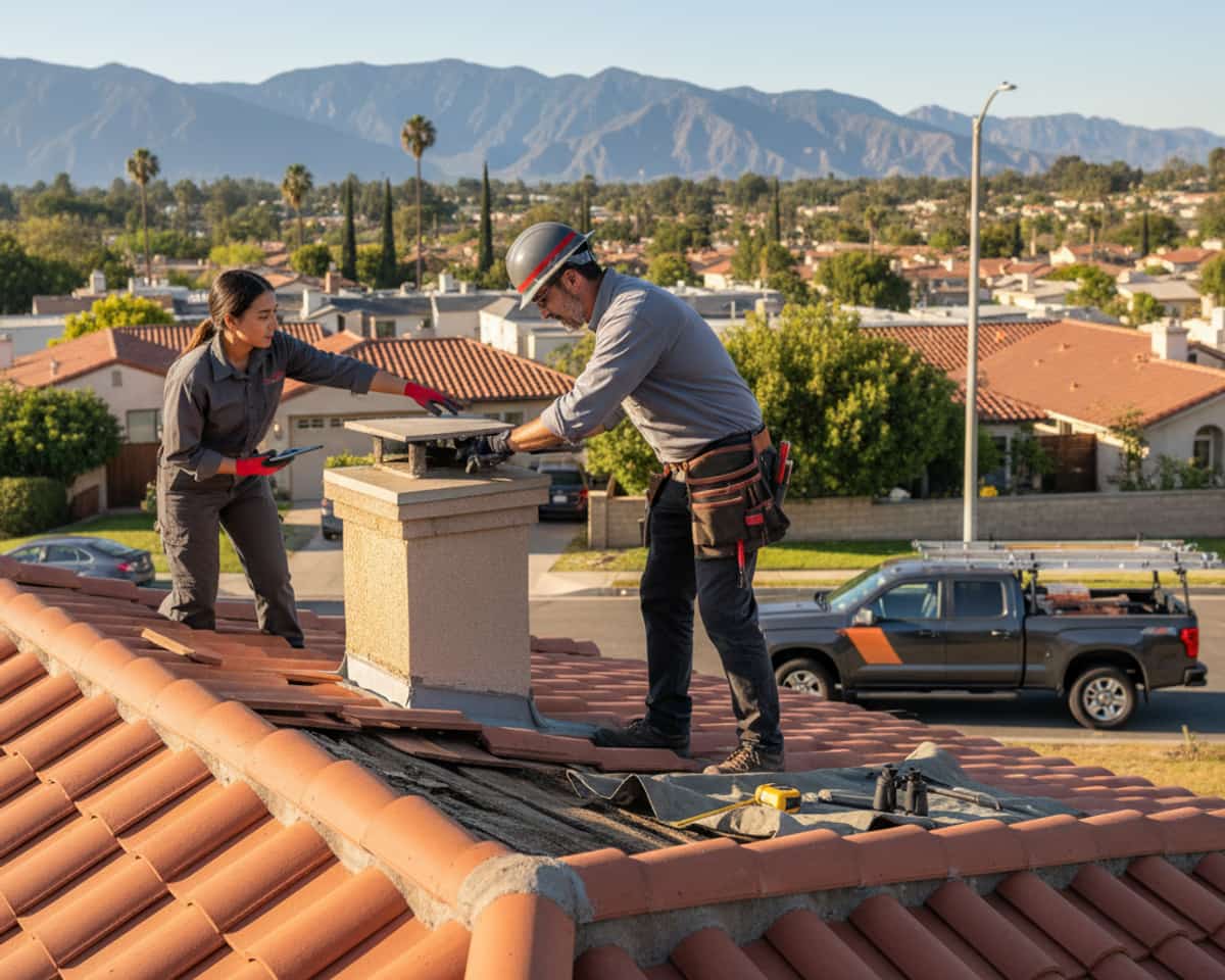 A professional roofing contractor inspecting a damaged roof in Alhambra.