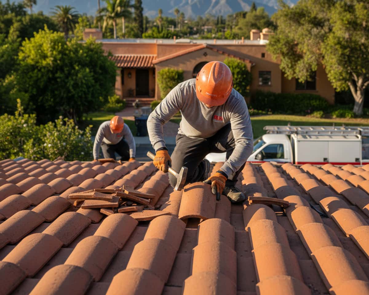 Skilled roofer repairing a residential tile roof in Altadena.