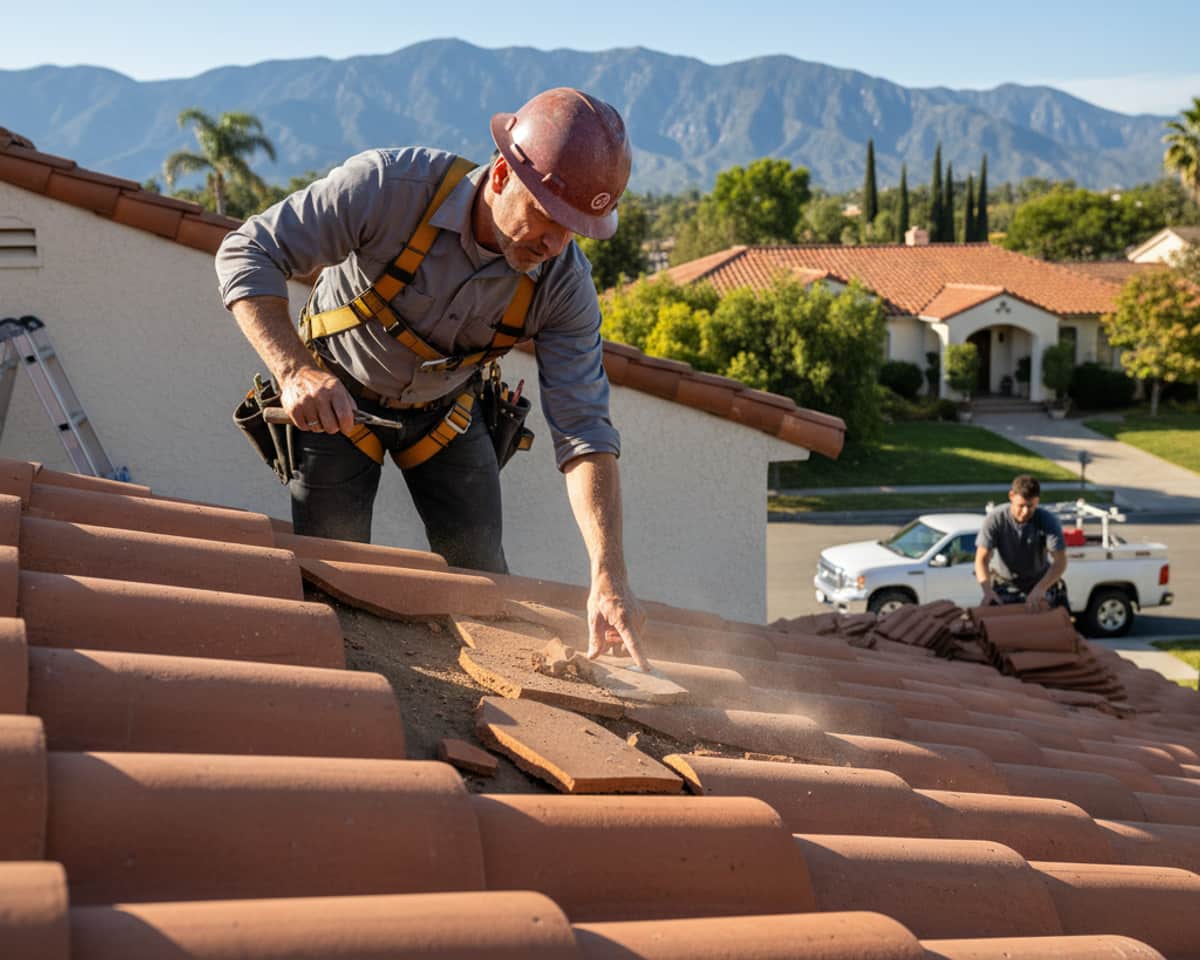 Experienced roofer inspecting a damaged tile roof section in Arcadia
