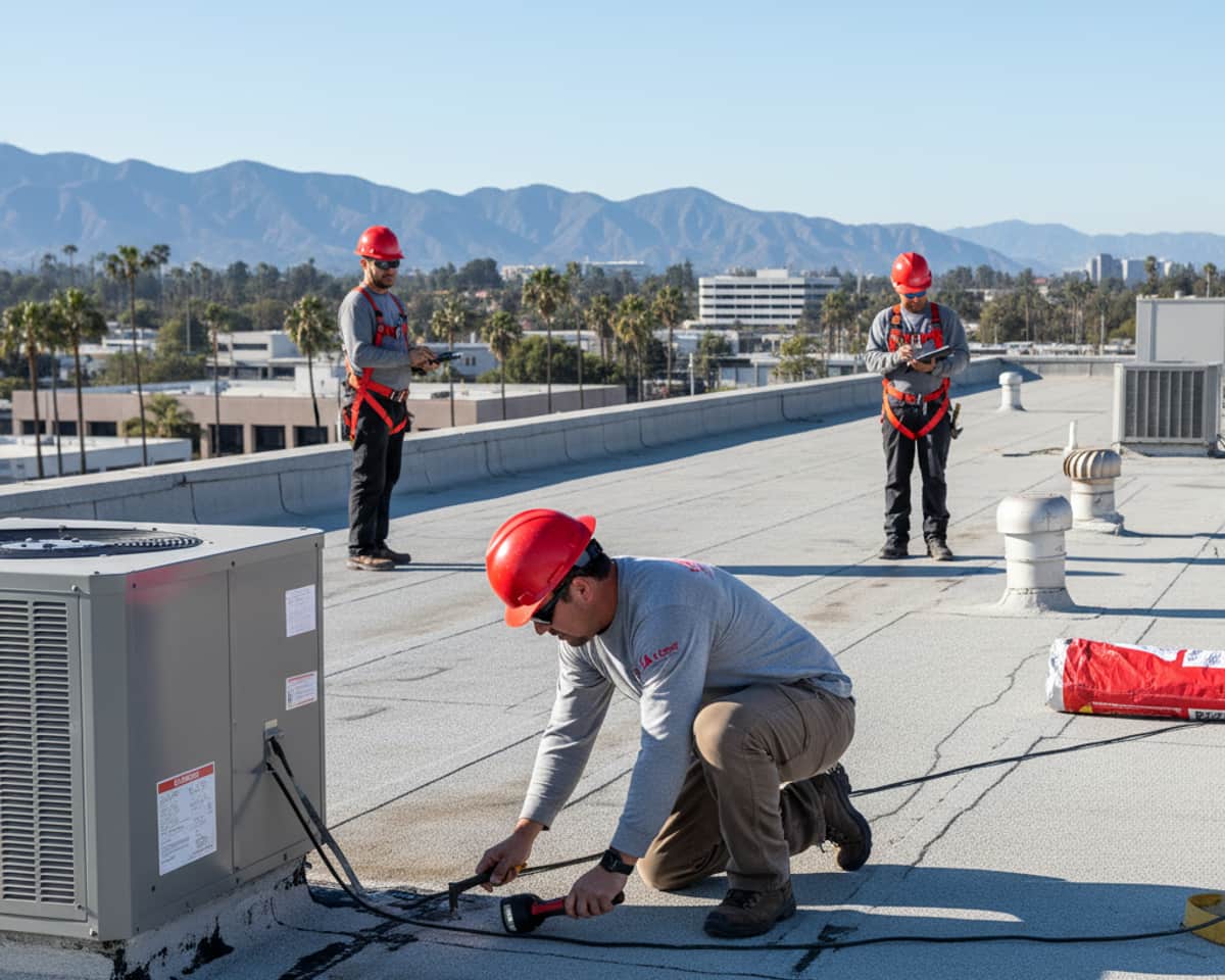 Team member performing a detailed roof inspection on a commercial building in Burbank