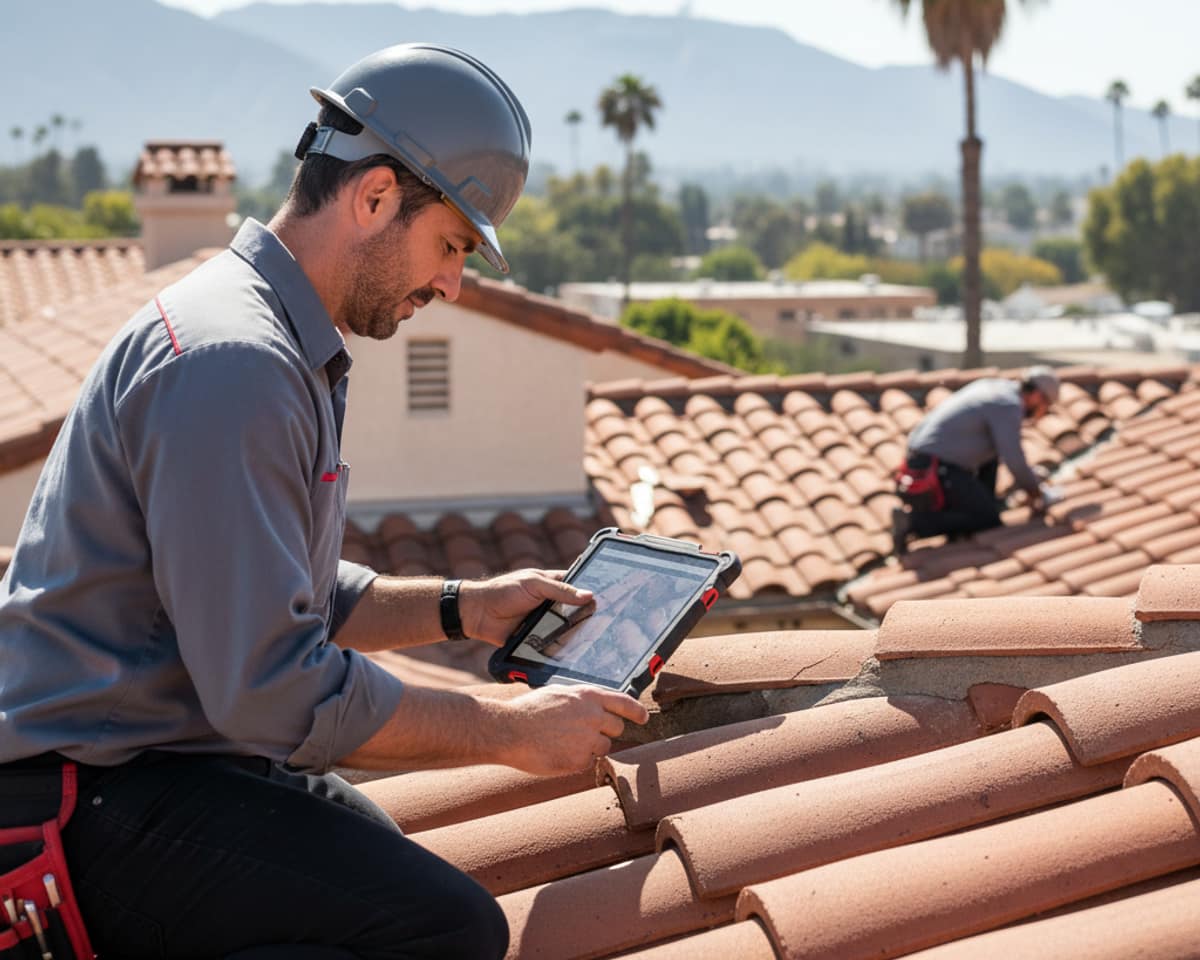 Roofing technician performing a detailed roof inspection on a residential property in Los Angeles.