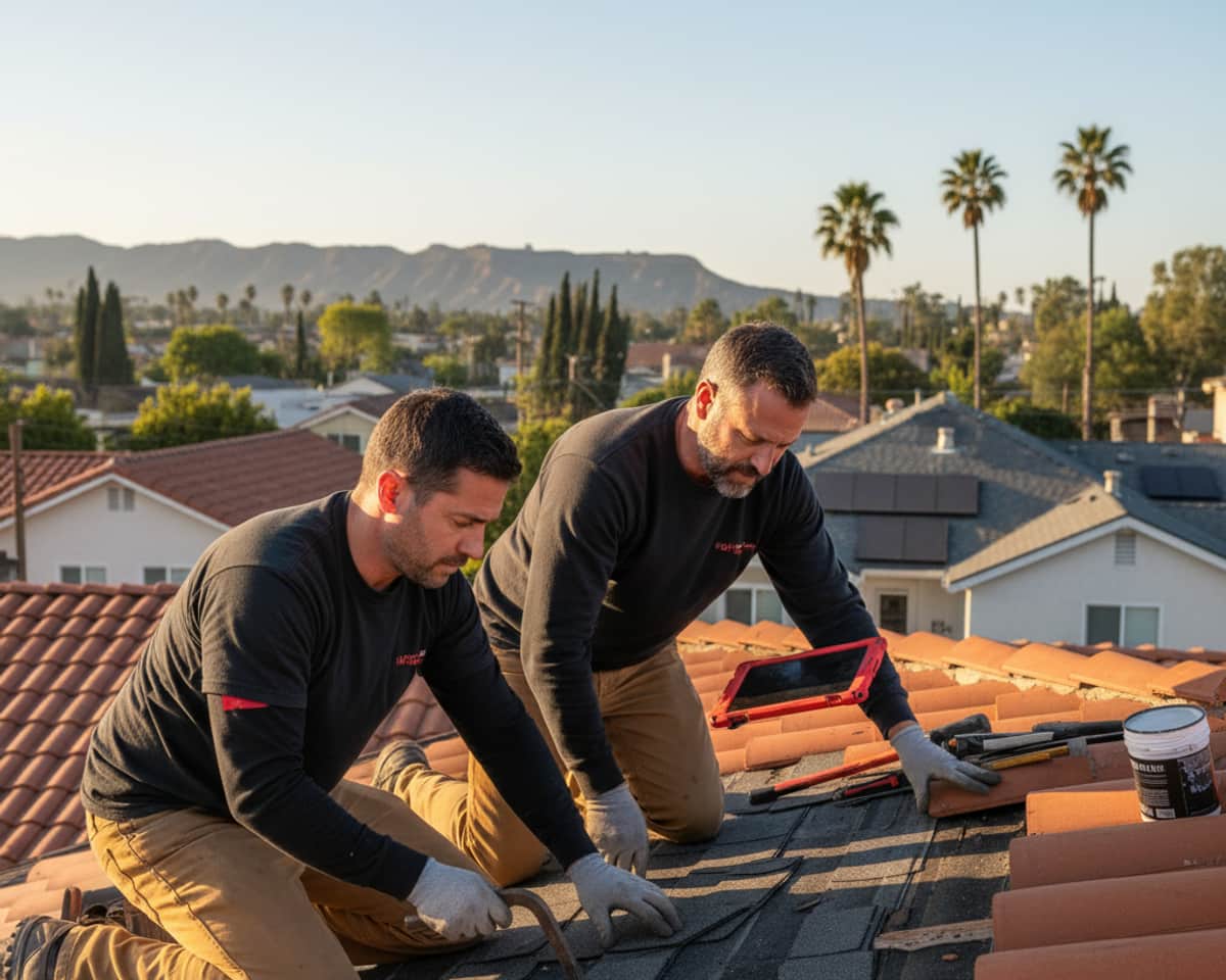 Roof repair crew working on a residential roof in North Hollywood, California