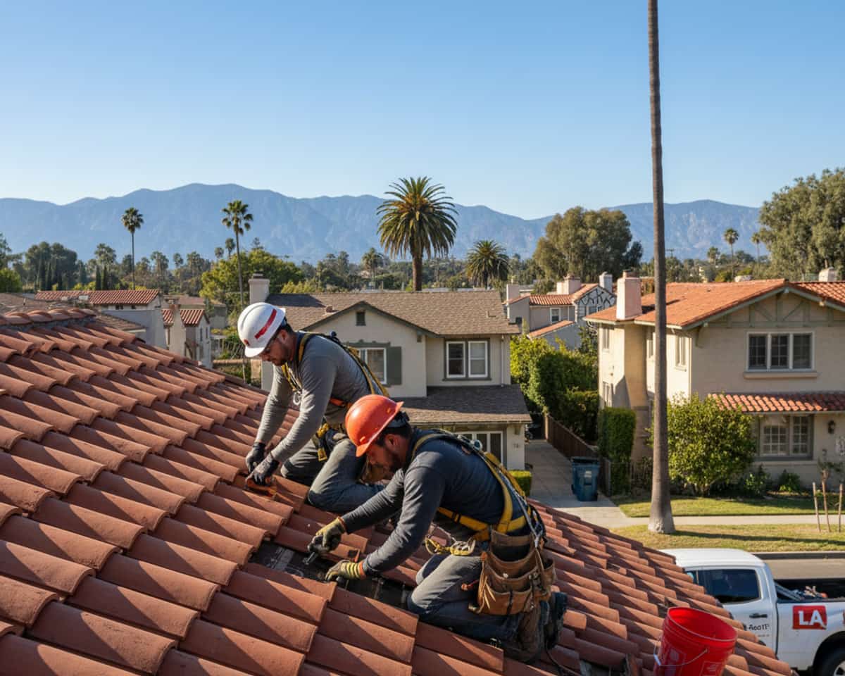 Residential roof repair in progress with LA Roof Services crew.