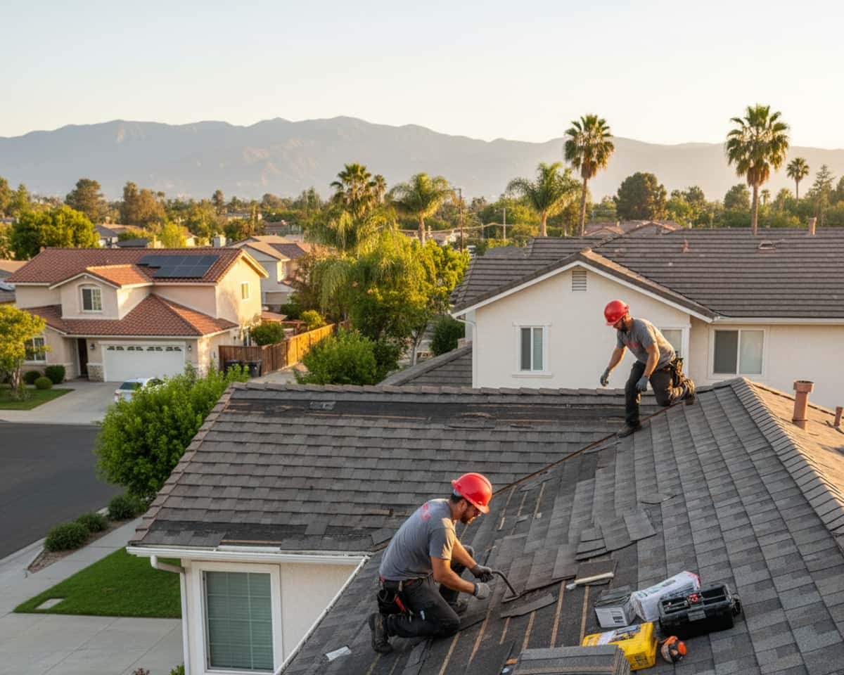 Roofers working on a shingle roof repair in Alhambra
