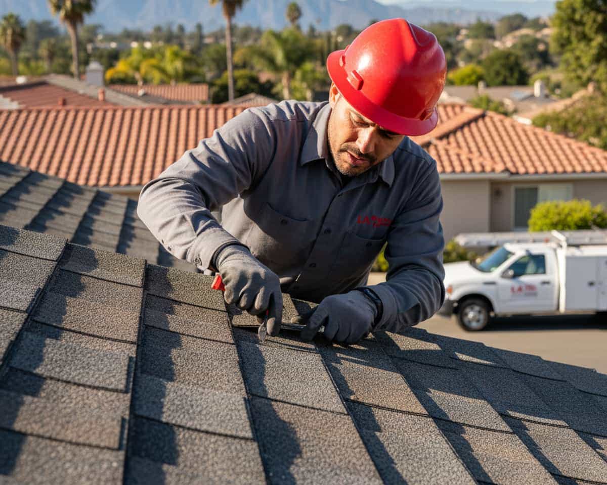 Close-up of a skilled roofer inspecting architectural shingles in Glendale