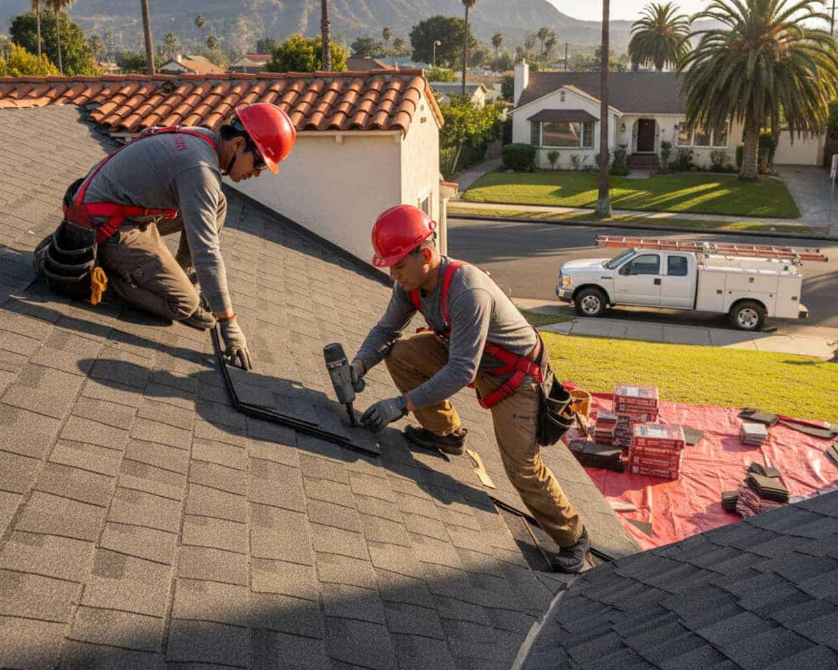 Roofing professionals installing new shingle roof tiles on a Hollywood residence, ensuring precision and quality.