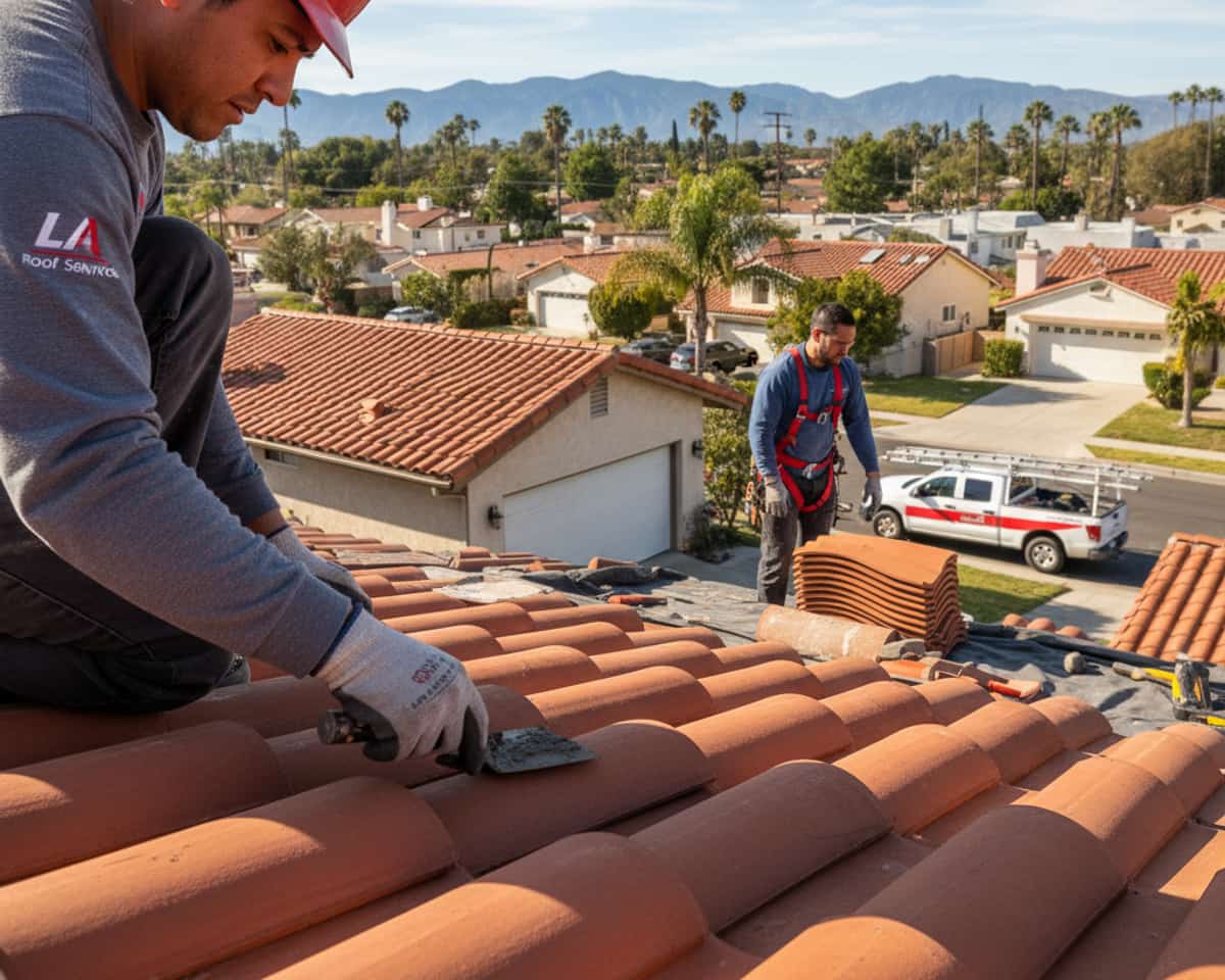 Expert roofers installing new tile roofing on a residential home in Alhambra