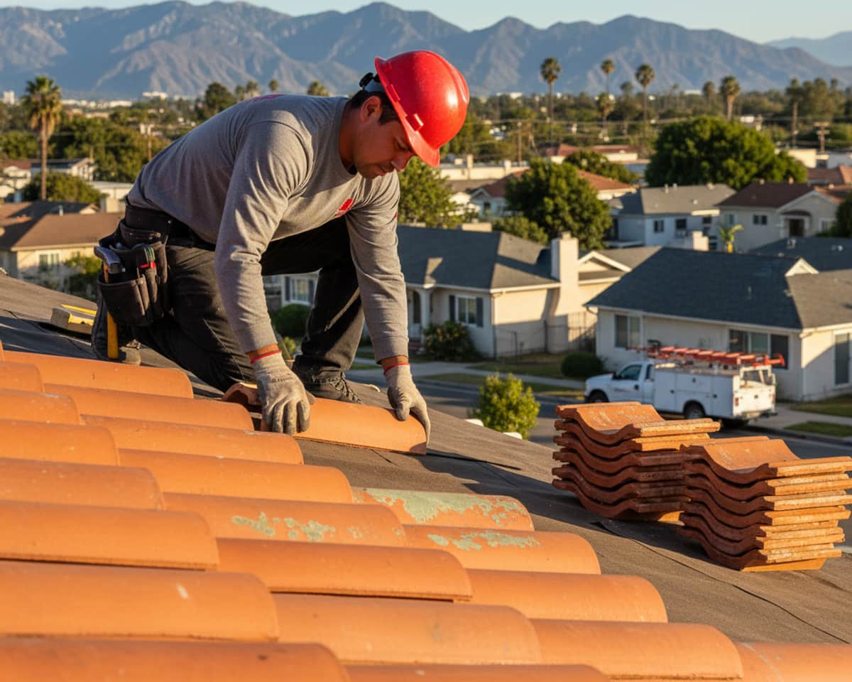 Skilled roofer carefully placing a concrete tile on a roof in Burbank, ensuring a perfect fit.
