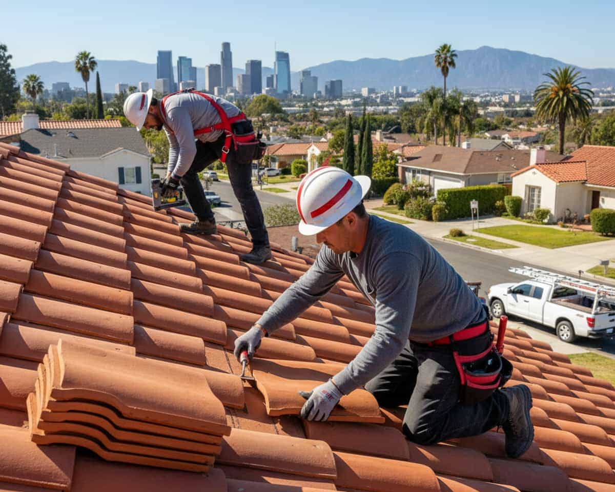 Expert roofer installing clay tiles on a residential roof in Glendale