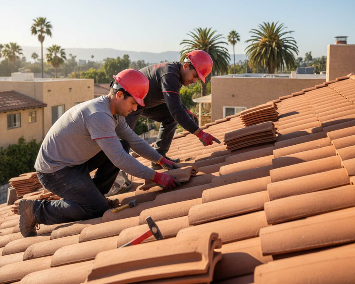 Roofer installing clay tiles on a residential roof in a Los Angeles neighborhood