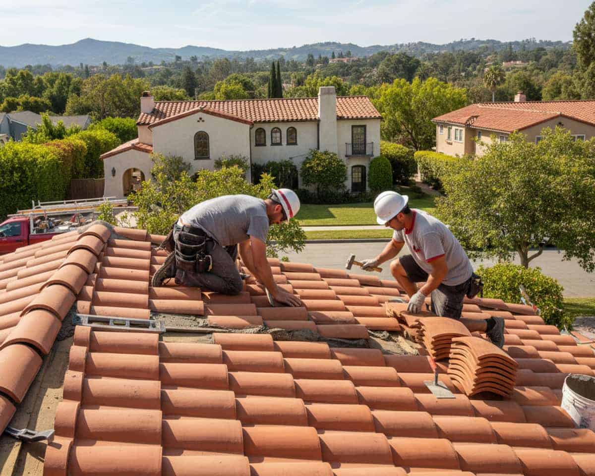 Roofers installing new tile on a residential roof in Pasadena