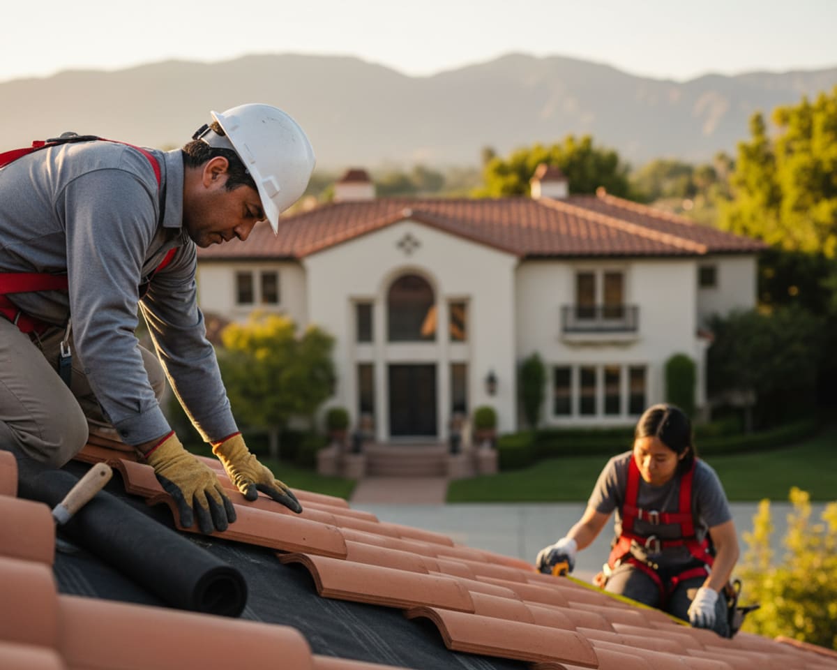 A close-up view of beautifully installed clay tile roofing on a residential home in San Marino.