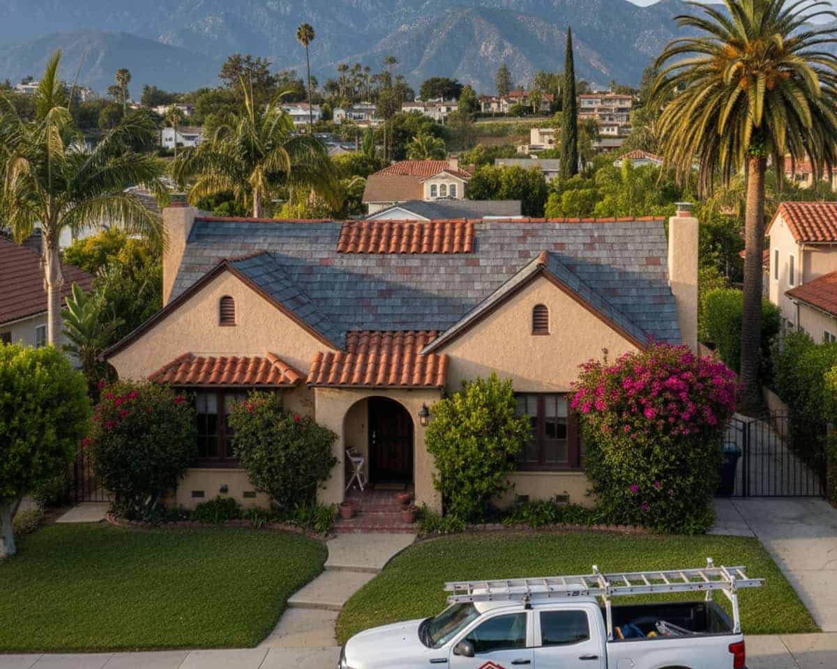 Recently repaired roof on a home in Arcadia, showcasing quality workmanship.