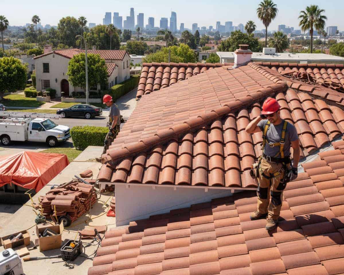 LA Roof Services team completing an urgent roof repair project in Los Angeles