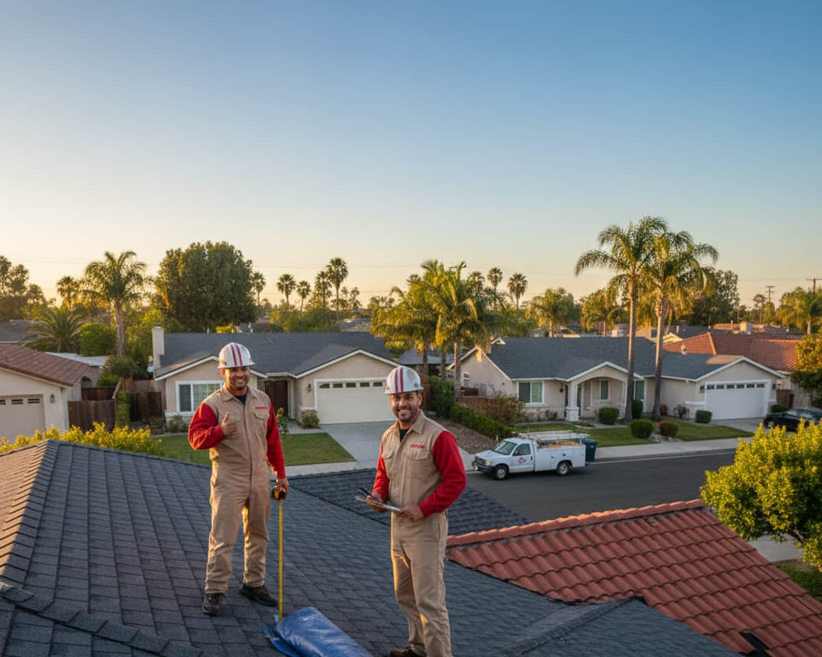 Team of roofers replacing damaged shingles on a Montebello home