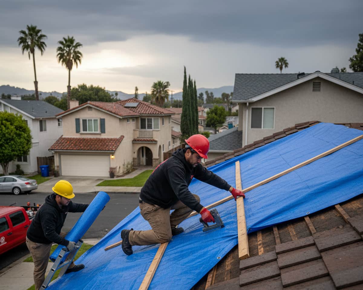 Team of roofers securing a damaged roof with tarp during emergency roof repair in North Hollywood