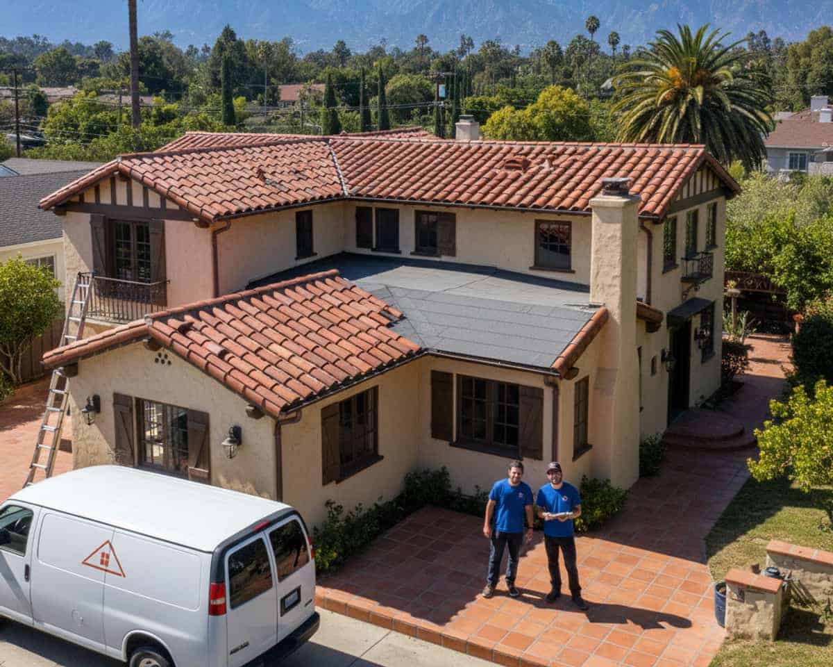 LA Roof Services team completing a roof repair on a Pasadena home, showing quality workmanship