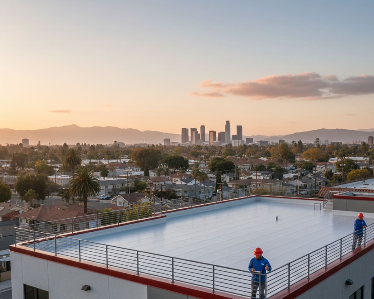 Recently completed flat roof project in Alhambra with city skyline in the background