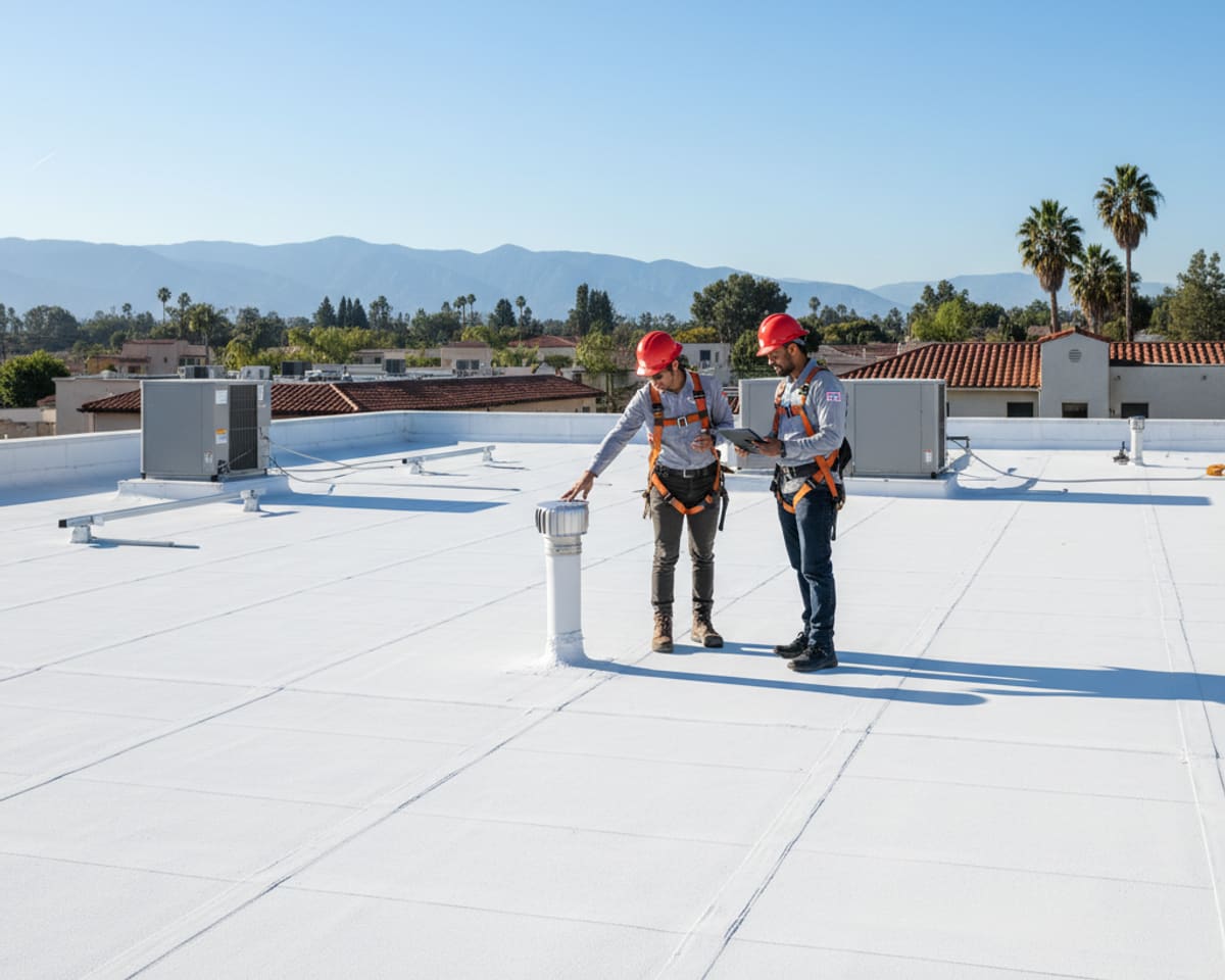 LA Roof Services team members inspecting a completed flat roof project, ensuring quality and client satisfaction in Burbank.