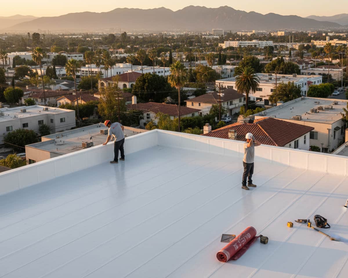 Crew installing new TPO flat roofing system on a residential property in Glendale.